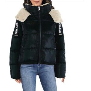 DKNY JEANS SHORT WOMEN PUFFER SHINY JACKET BLACK SIZE SMALL SHERPA HOOD